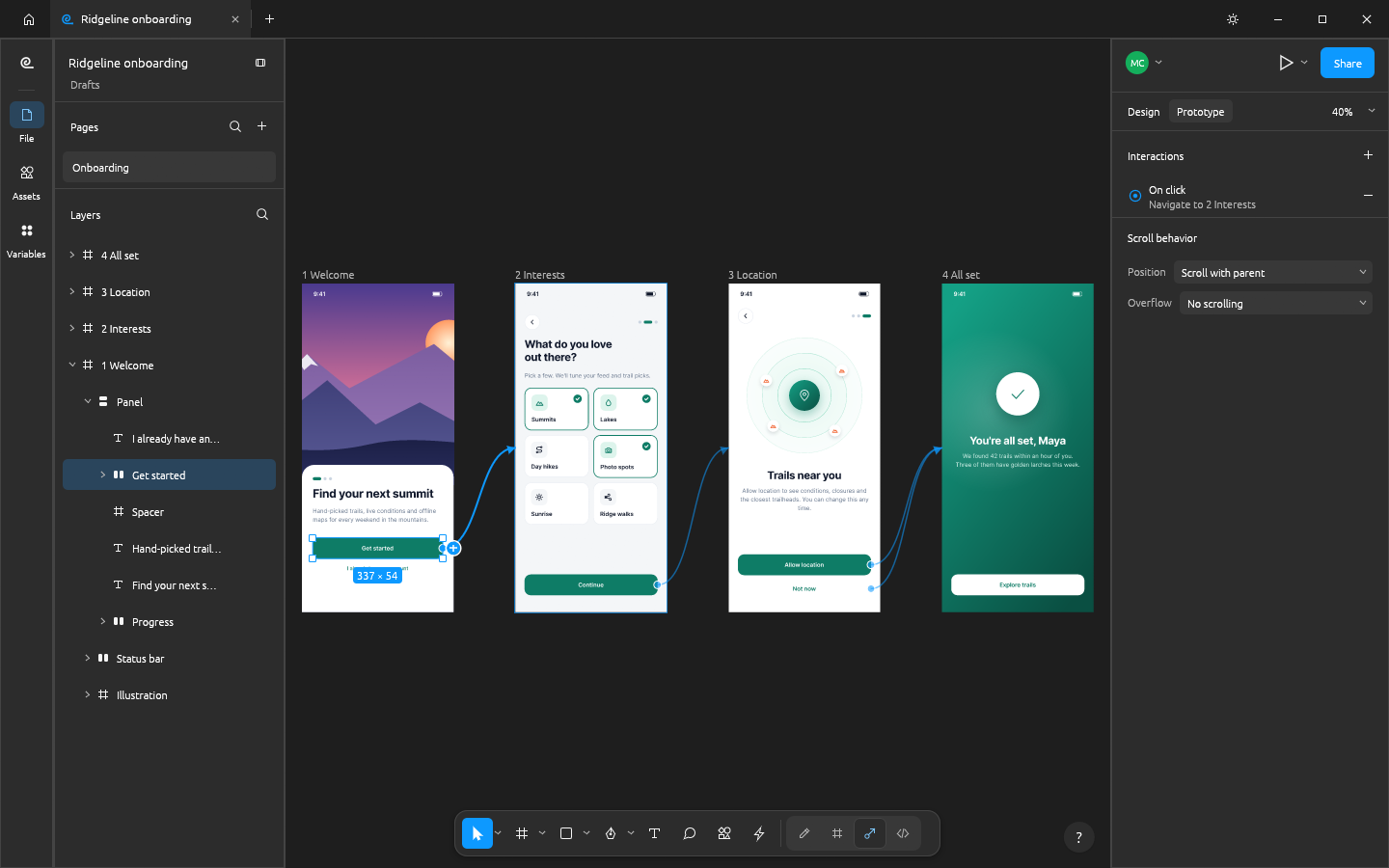 Four onboarding phone screens in the Prototype tab, joined by blue connection curves from the Get started, Continue, Allow location and Not now buttons to the next screens; the Get started button is selected and the Prototype panel shows its On click, Navigate to 2 Interests interaction