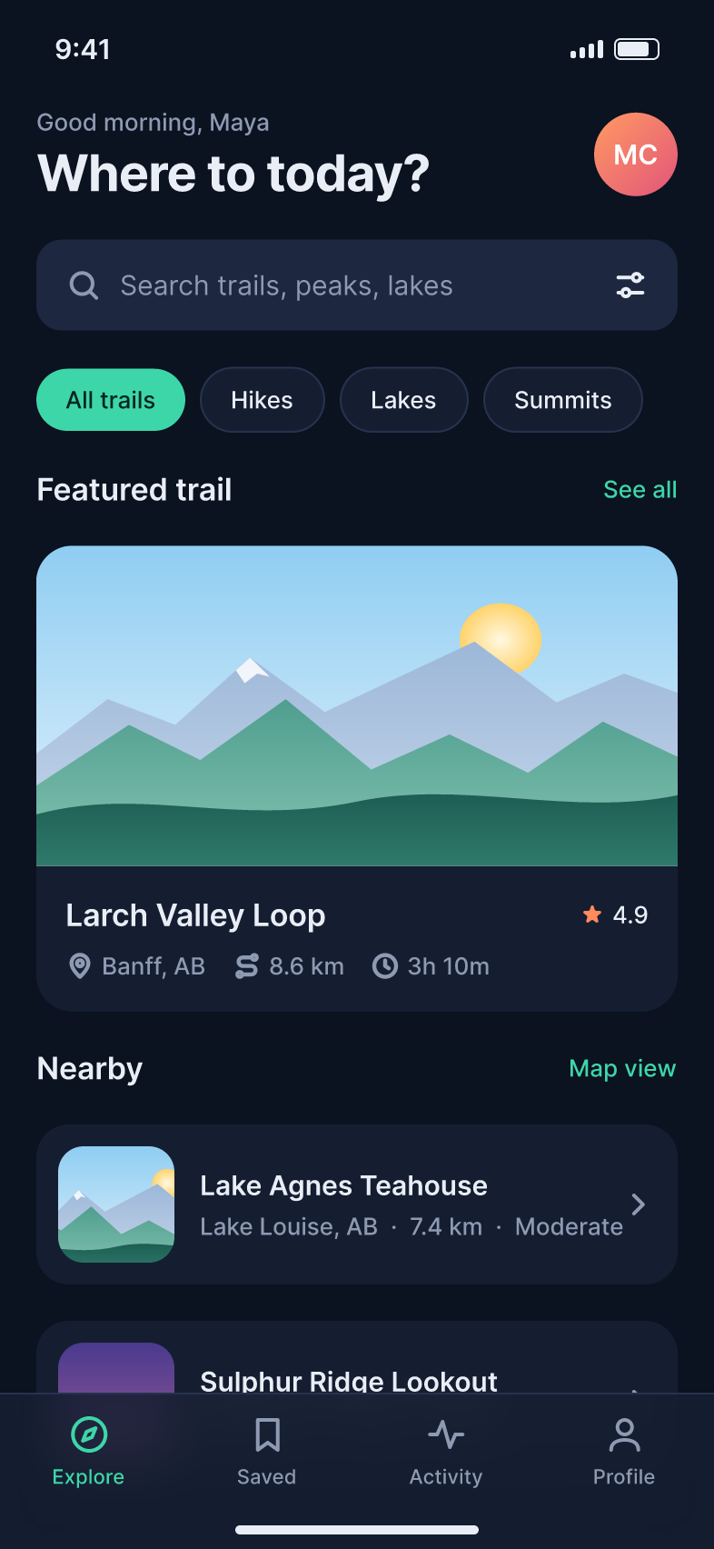 The same Ridgeline home screen in dark mode, its colours switched by the Theme variable collection's Dark mode