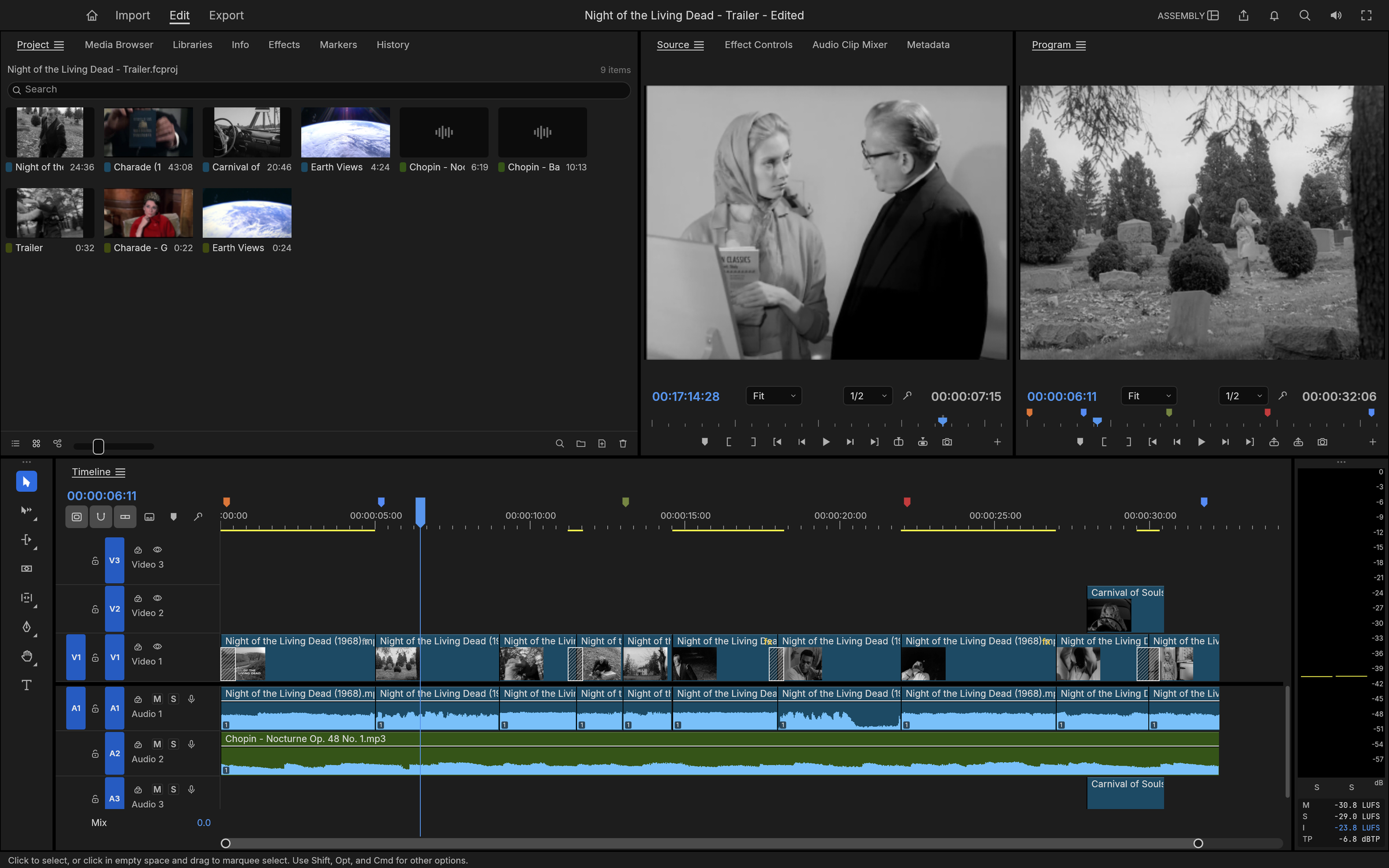 Assembly workspace: bins of film thumbnails, Carnival of Souls in the Source monitor, a Night of the Living Dead cemetery shot in the Program monitor, and the trailer on a three-track timeline with a Chopin score on A2 and loudness meters