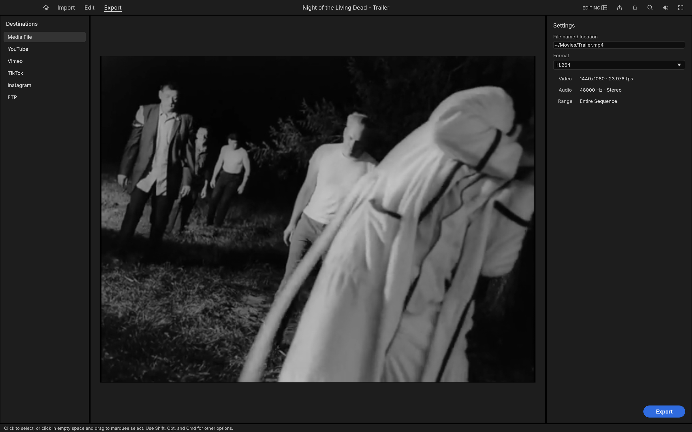 Export mode: destinations for Media File, YouTube, Vimeo, TikTok, Instagram and FTP on the left, a Night of the Living Dead frame in the preview, and H.264 settings on the right (1440x1080 at 23.976 fps, 48000 Hz stereo, entire sequence)