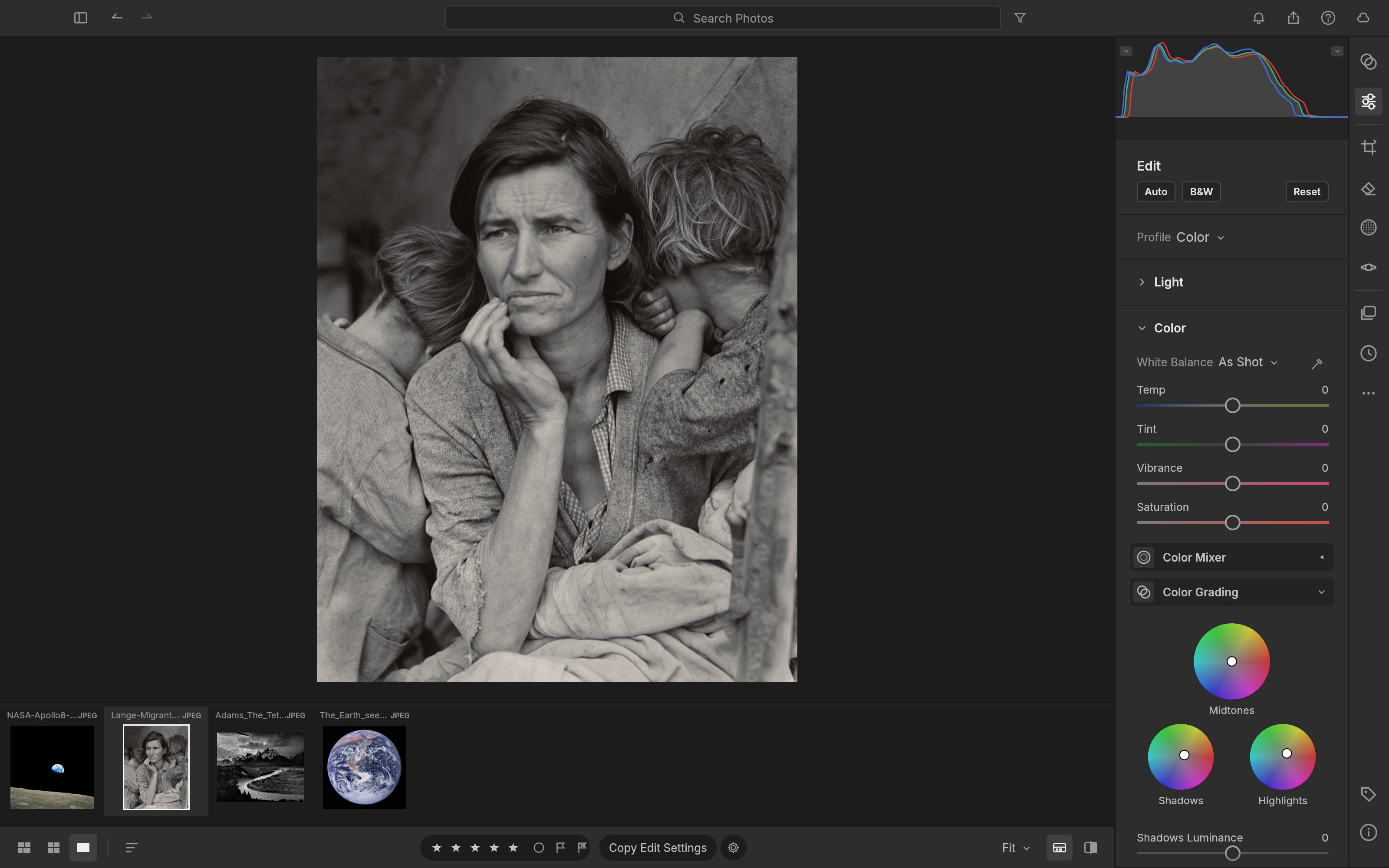 Color Grading wheels for midtones, shadows and highlights next to Dorothea Lange's Migrant Mother, toned warm like a print
