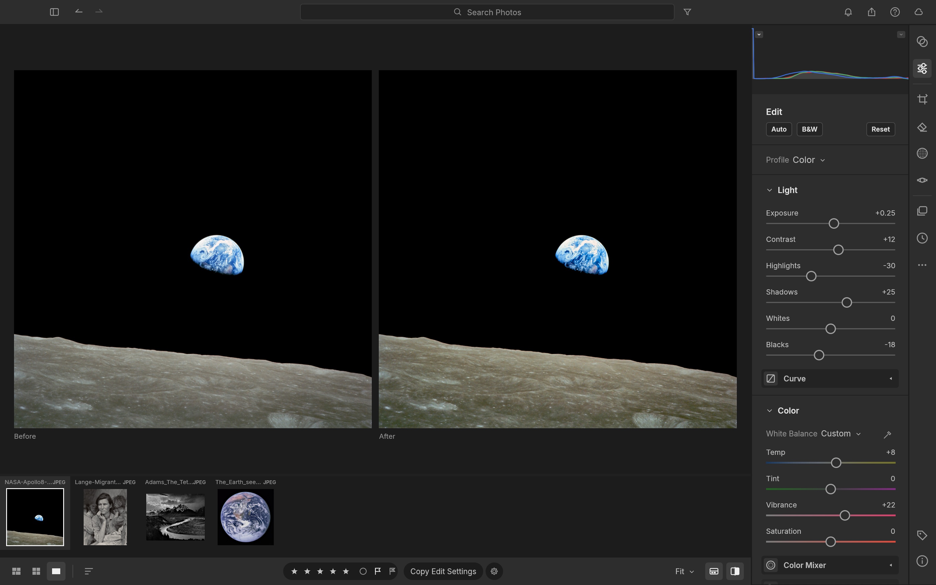 Side-by-side before and after of Earthrise: the Earth over the lunar horizon, the after slightly warmer and richer