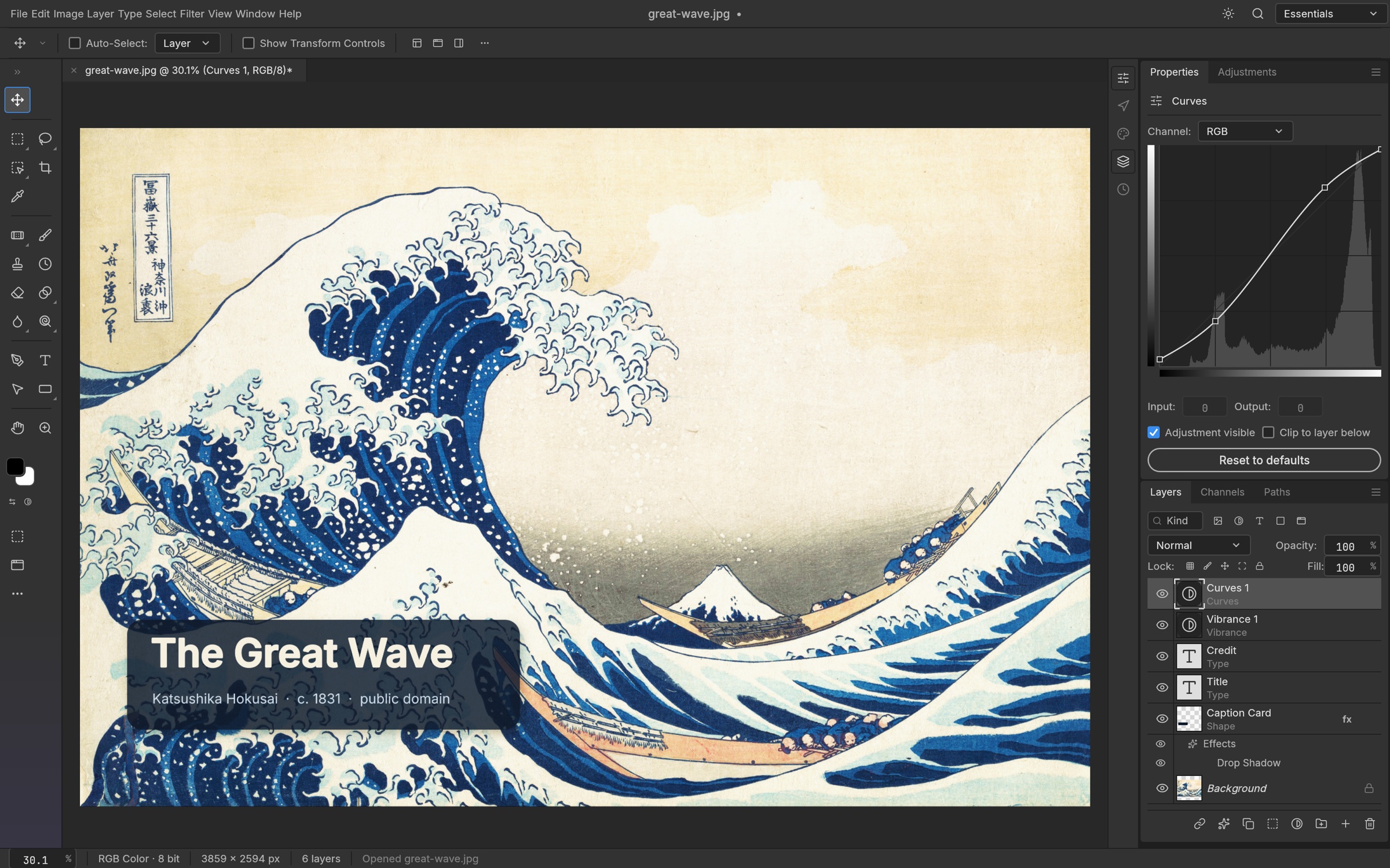 PhotoCraft editing Hokusai's The Great Wave: a caption card with a drop shadow, Title and Credit type layers, Vibrance and Curves adjustment layers, and the Curves editor drawn over the image's histogram