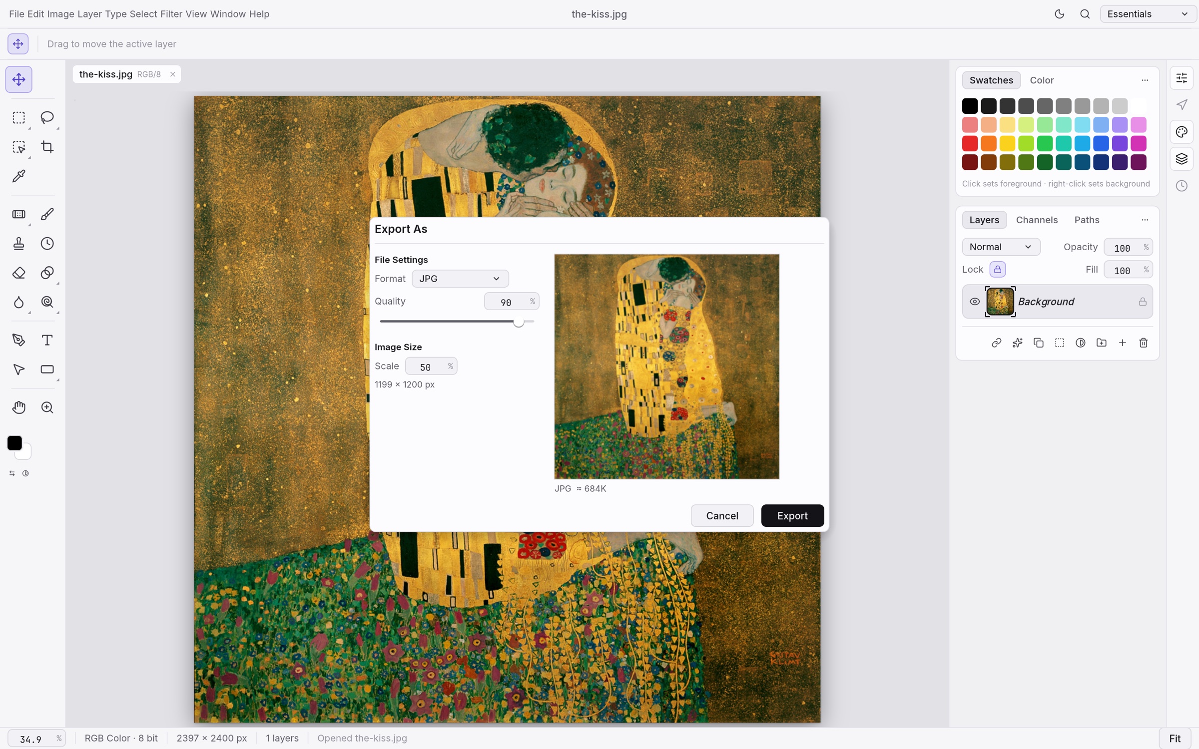 The Export As dialog in the light theme over Klimt's The Kiss: JPG at quality 90, scaled to 50 percent, with a preview and an estimated size of about 684K
