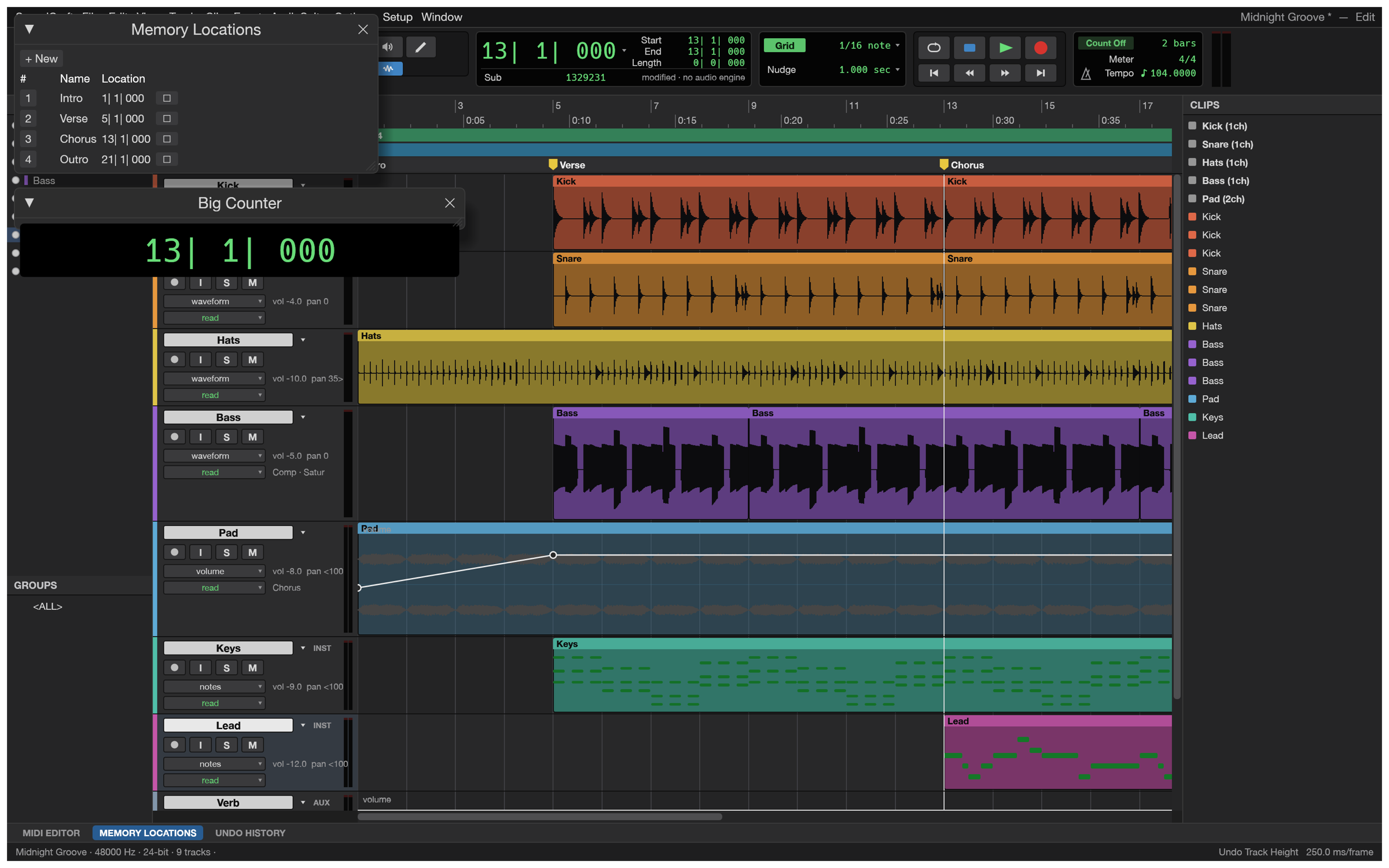 Volume automation drawn on the Pad track, with the Memory Locations and Big Counter windows open