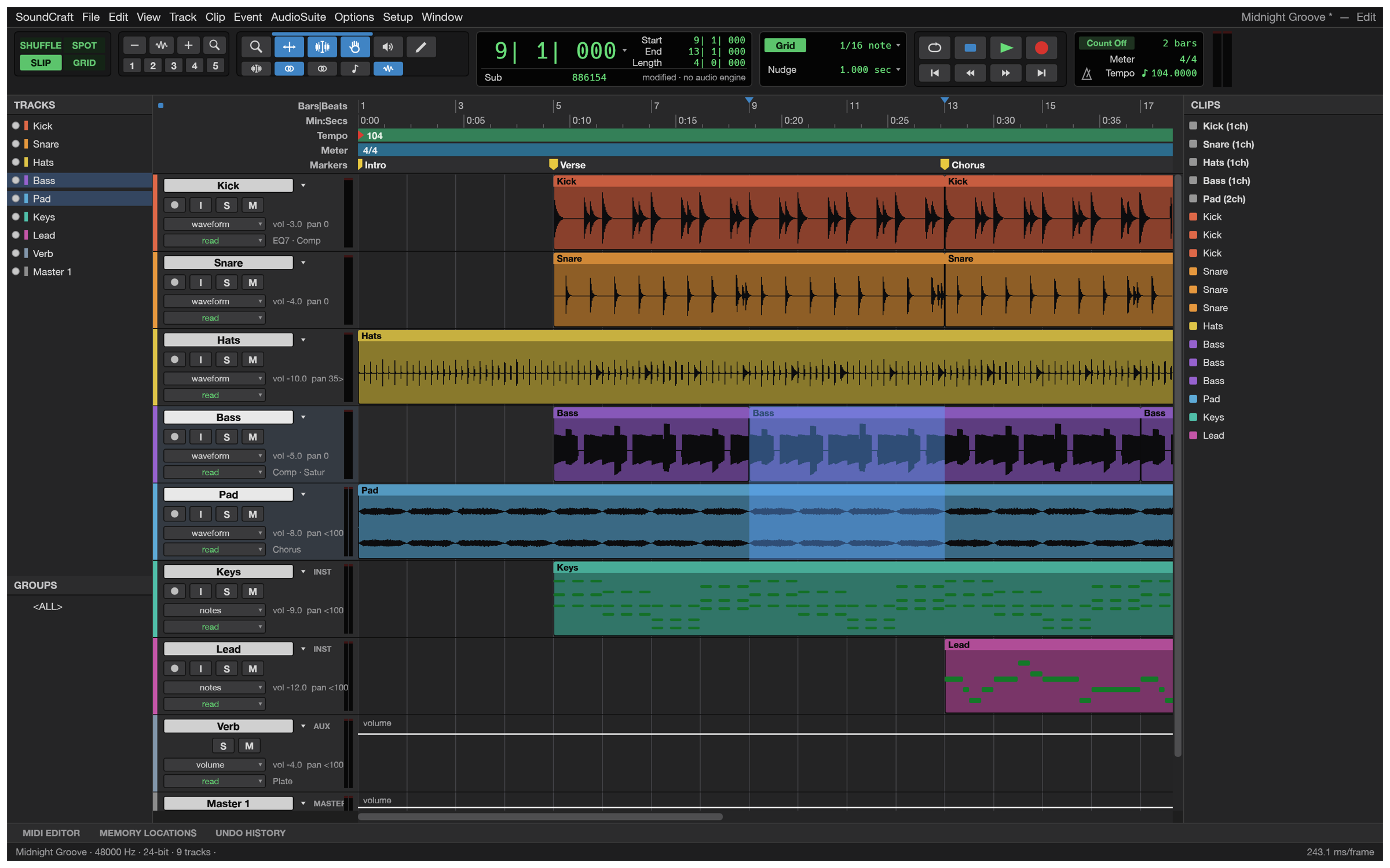 SoundCraft's Edit window with a nine-track session: drums, bass, pad, keys and lead, a reverb aux and a master fader