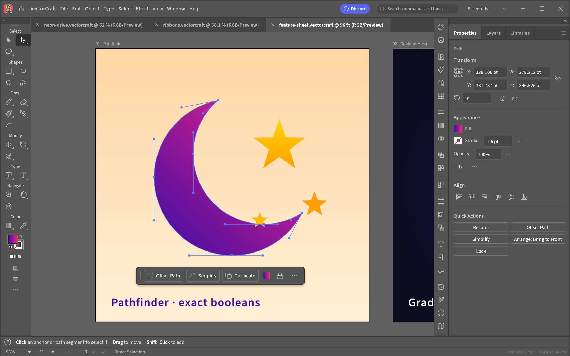 Direct Selection tool showing anchor points and Bézier handles on a crescent built with Pathfinder, with the contextual task bar below it