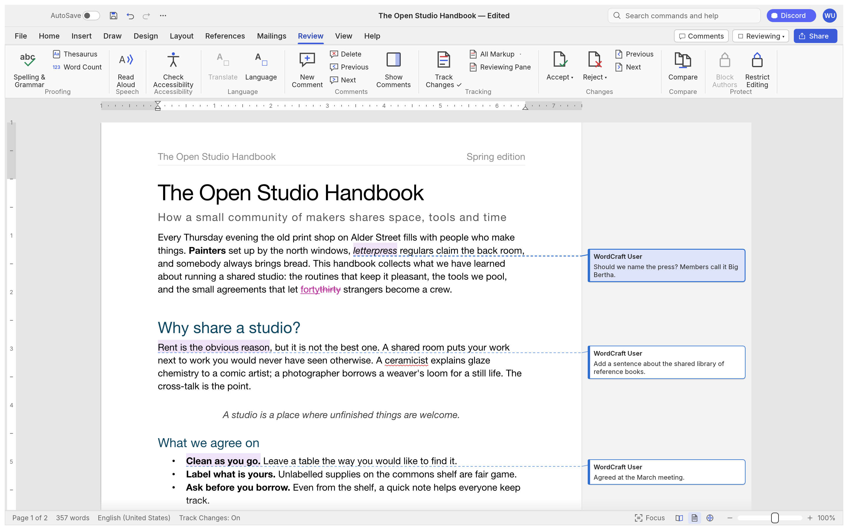 The Review tab with Track Changes on: the word forty is inserted in magenta and thirty struck through; three commented phrases are shaded and joined by dashed leader lines to comment balloons in a grey markup area to the right of the page